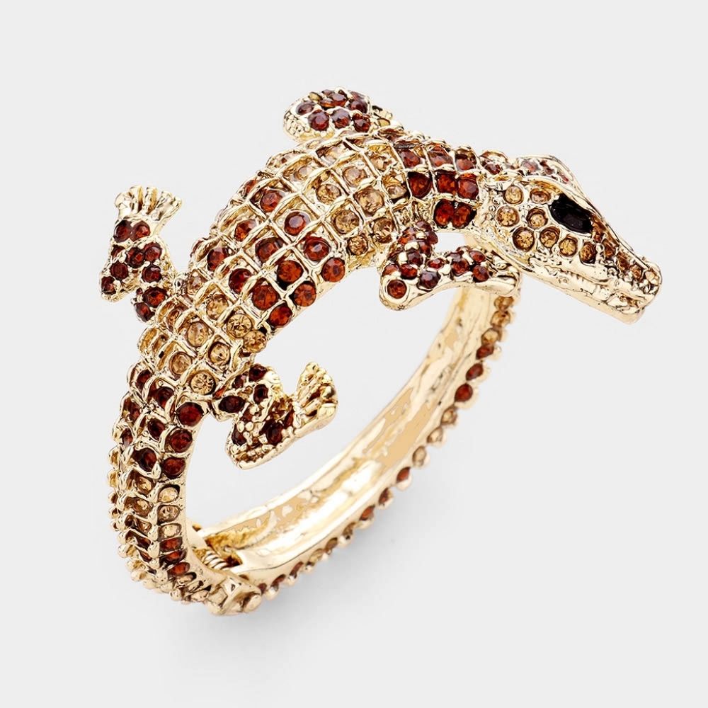 Brown Rhinestone Alligator Crocodile Cuff Bracelet Reptile Bling Jewelry